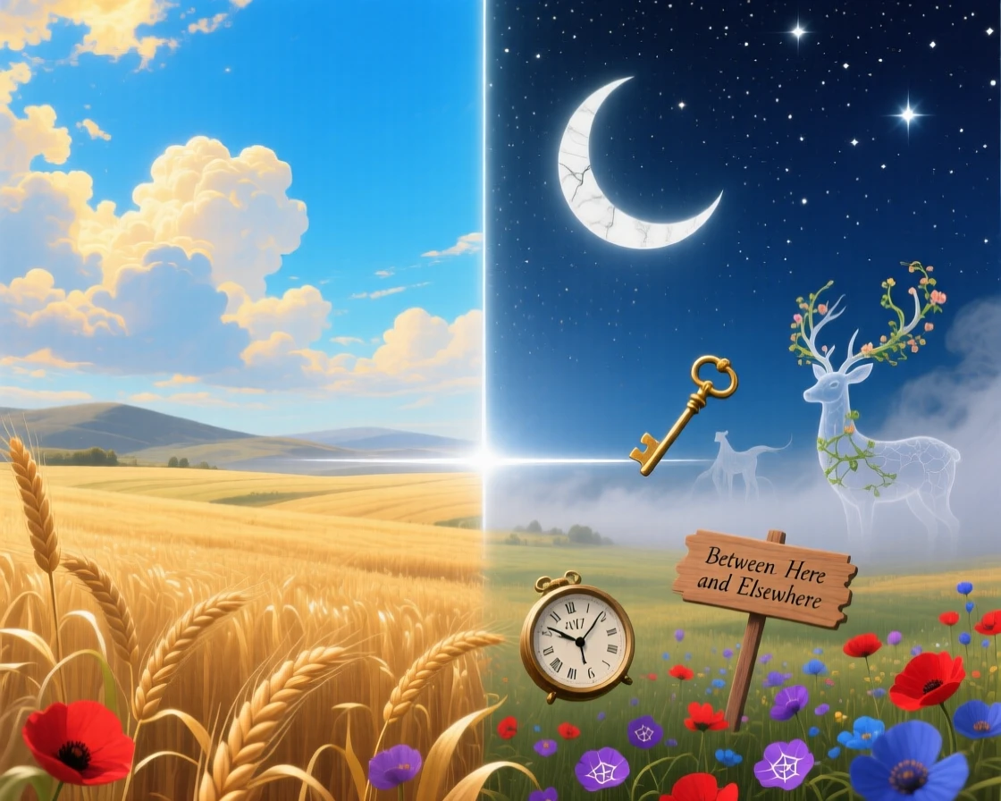 A summer sky split evenly between bright day and starry night settles quietly over a wide, empty countryside, as distant hills fade slowly into soft grey mist.