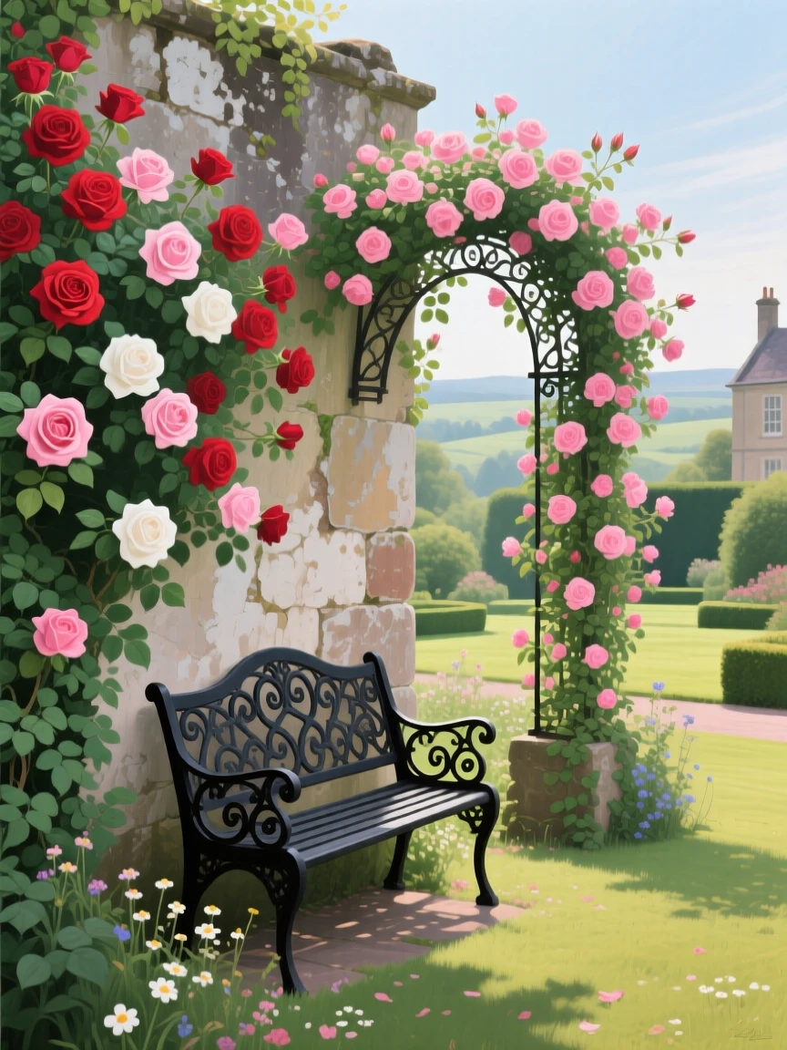 A vibrant rose garden in an English estate shows climbing roses covering an old stone wall, a wrought iron bench nestled beneath an archway dripping with pink blooms, everything rendered with quiet clarity under the steady, natural light of the hour.