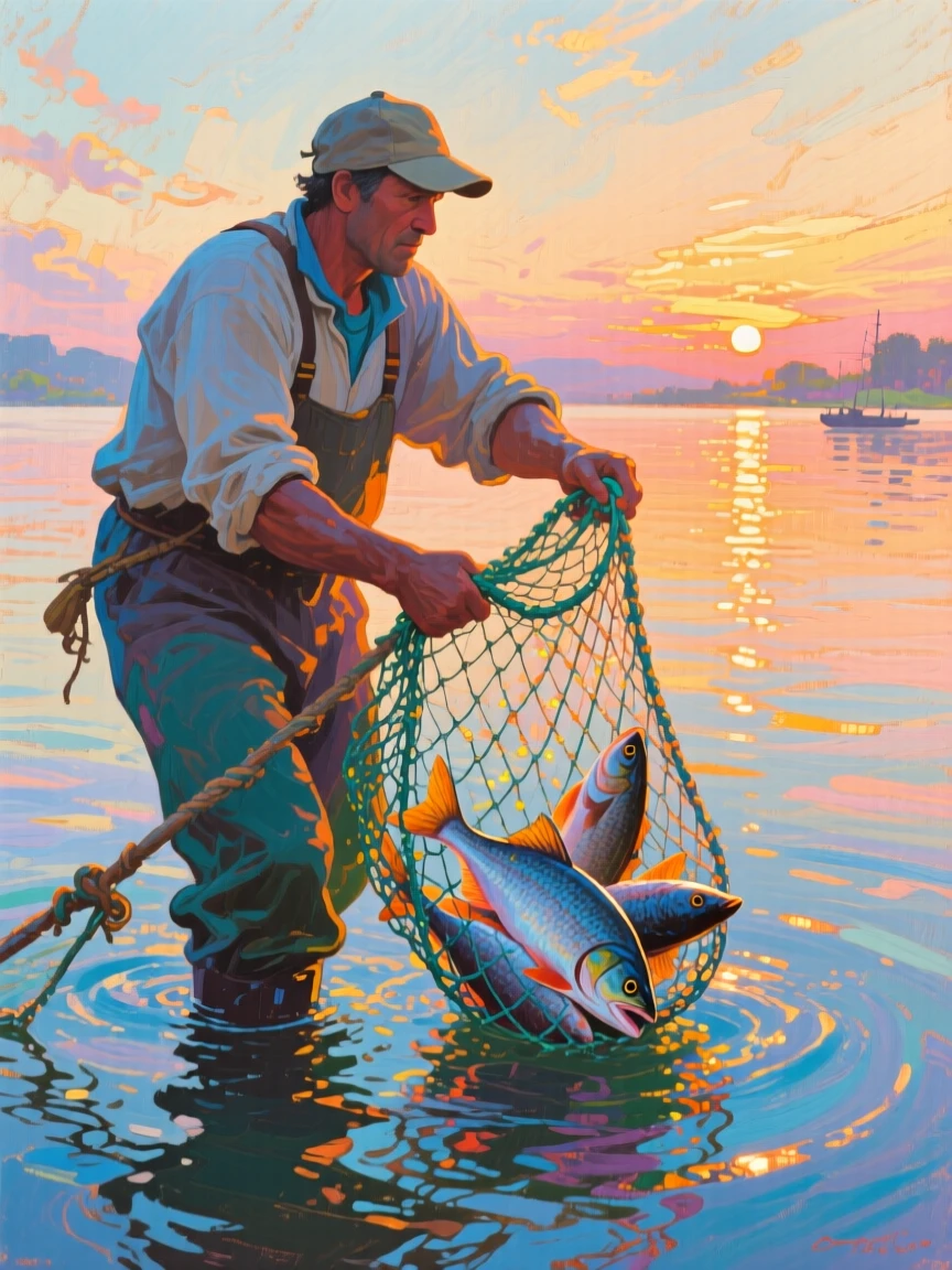 A fisherman hauling in a net glistening with a fresh catch as dawn breaks over calm water