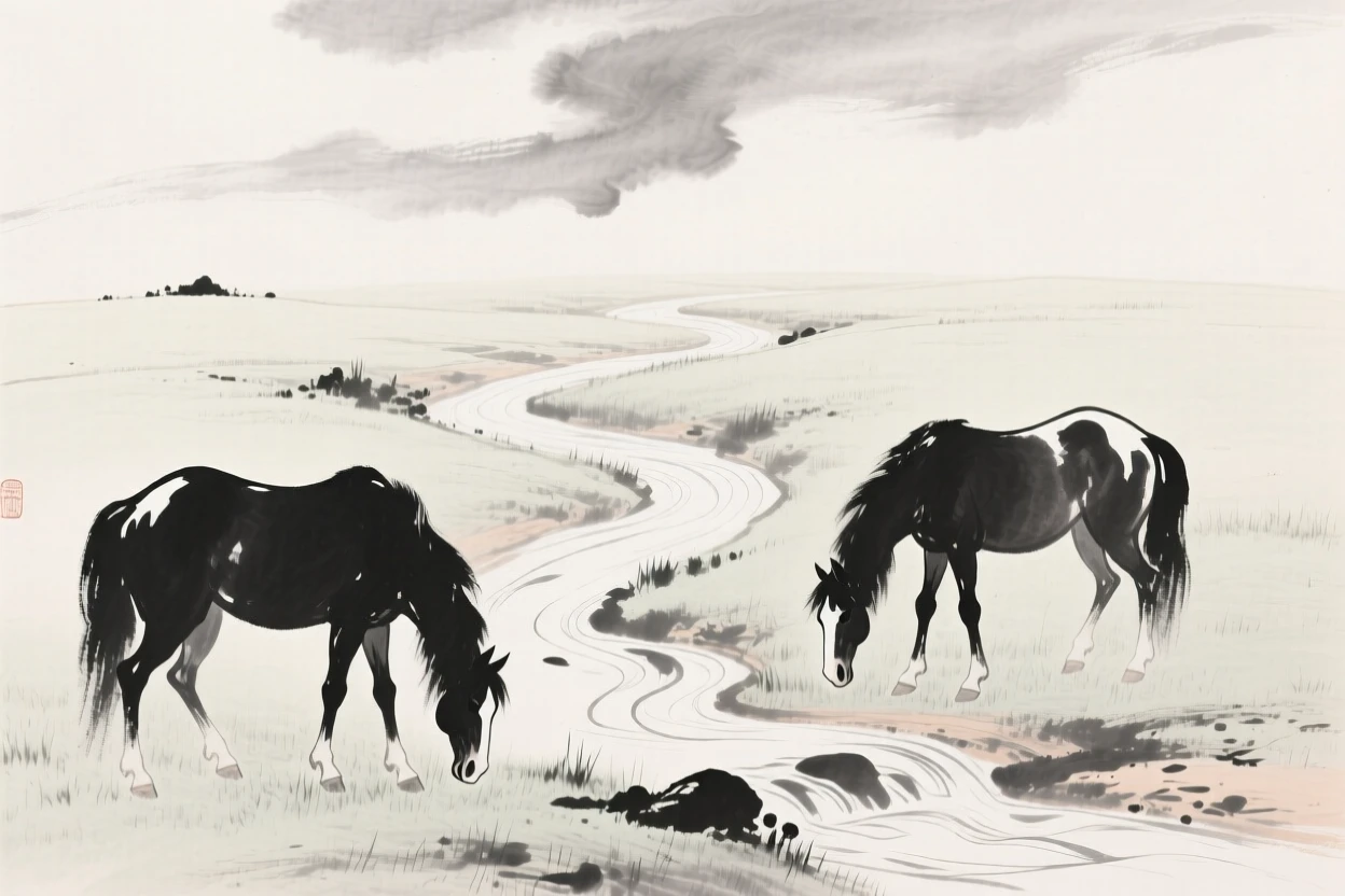 Two horses graze peacefully beside a mountain stream, while clouds drift low over the grassland.