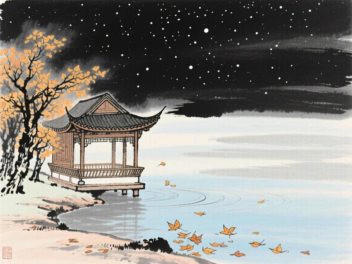 A wooden pavilion overlooking a tranquil lake, as autumn leaves turn golden, under a sky full of stars.