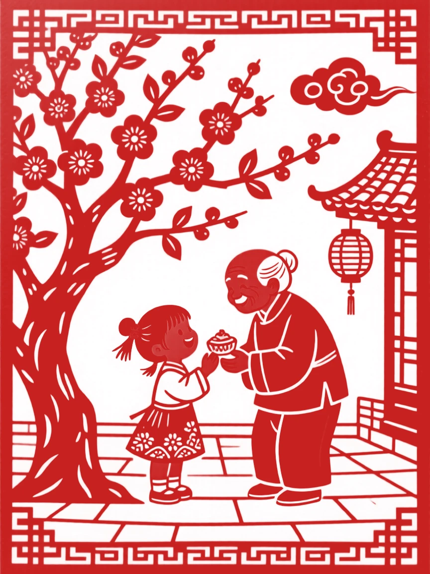 A curious little girl, sharing a treat beneath a blossoming tree, their laughter echoing through the courtyard.