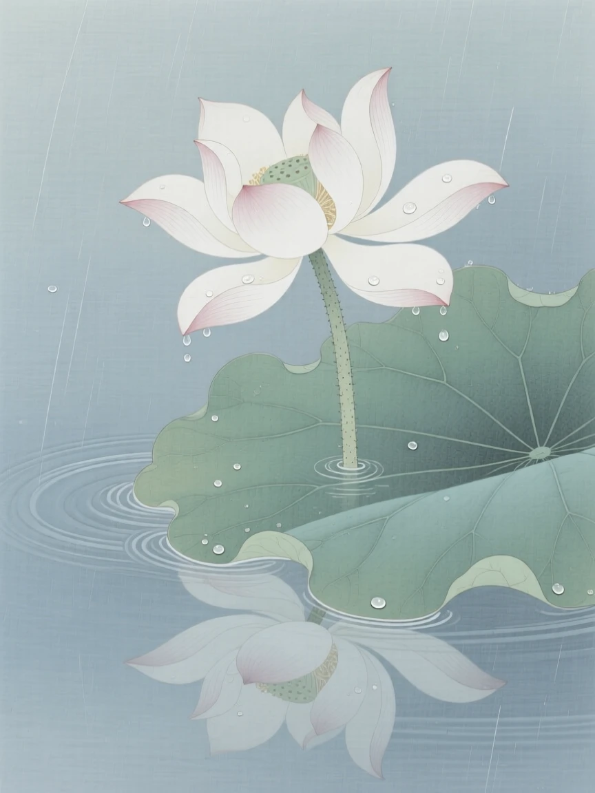 A single lotus flower rising above still water after a light spring rain, droplets clinging to each petal