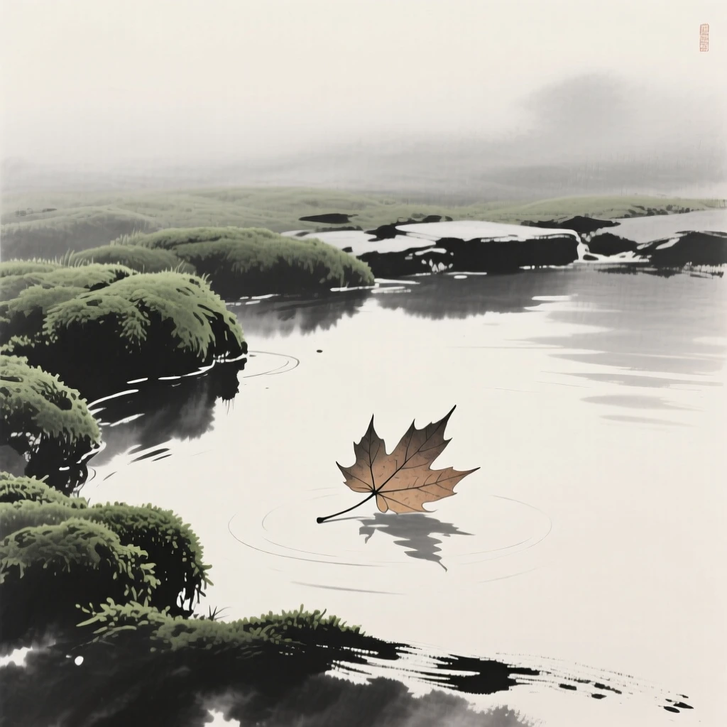 A fallen maple leaf drifting on water at the edge of a moss-covered courtyard, set against a soft gradient of misty background, conveying gentle stillness and natural harmony.