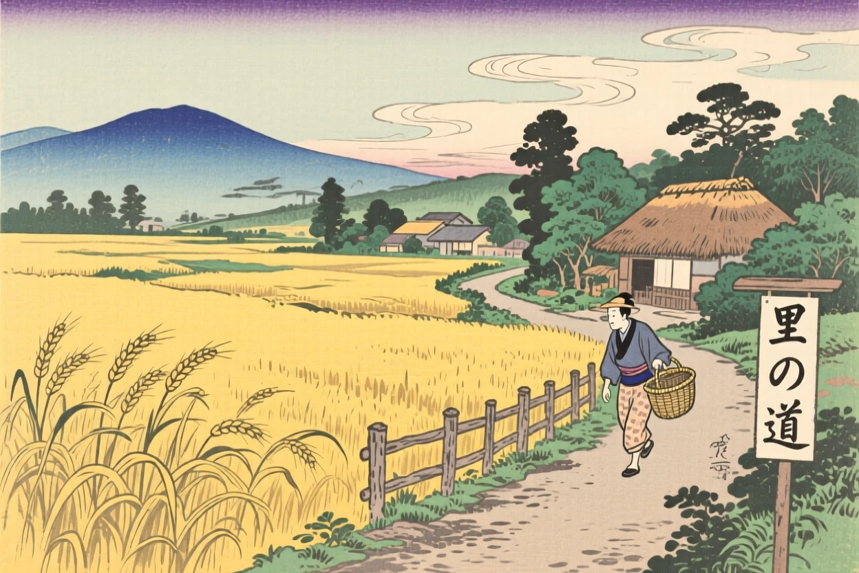 A golden wheat field swaying in the wind beside a quiet village path.