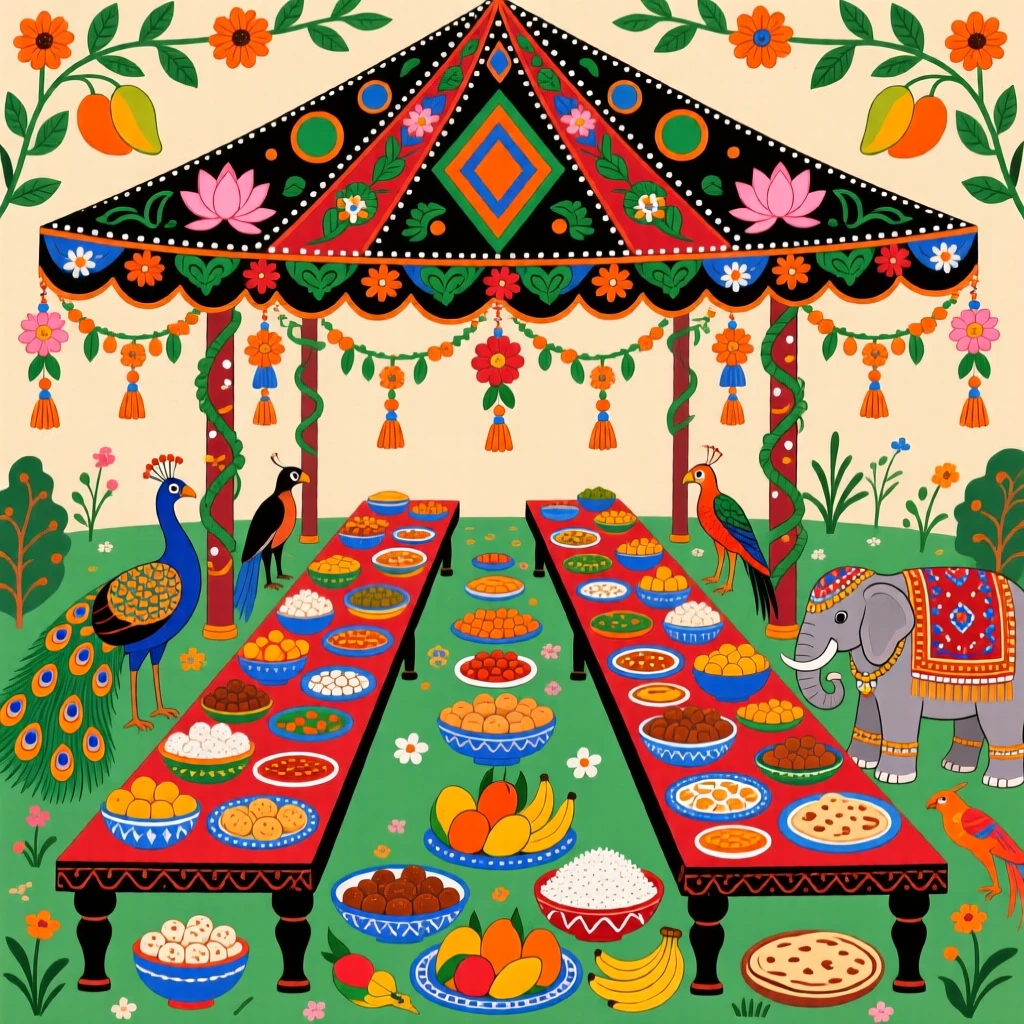 A wedding feast spread across long tables beneath a decorated tent.