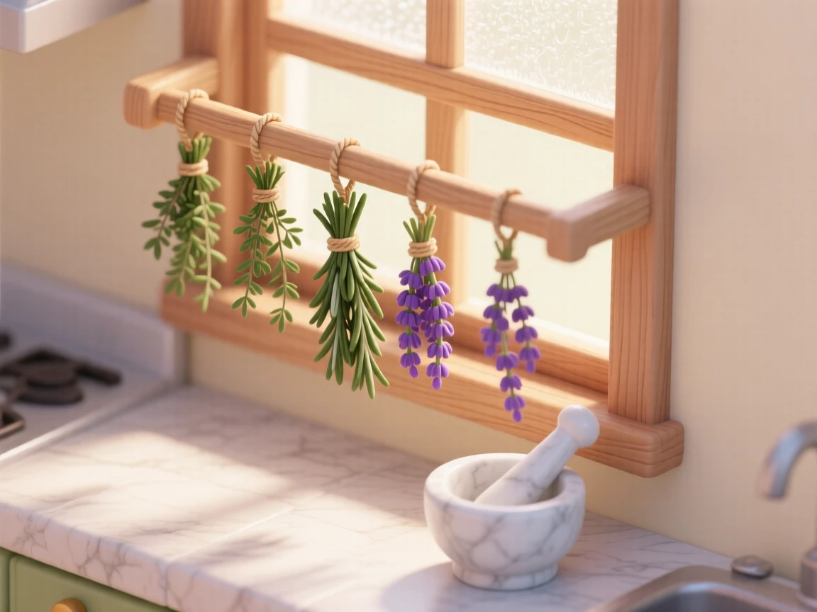 A quiet scene of drying herbs in a sunny kitchen window, bundles hanging from a wooden rack, and a mortar and pestle resting nearby.