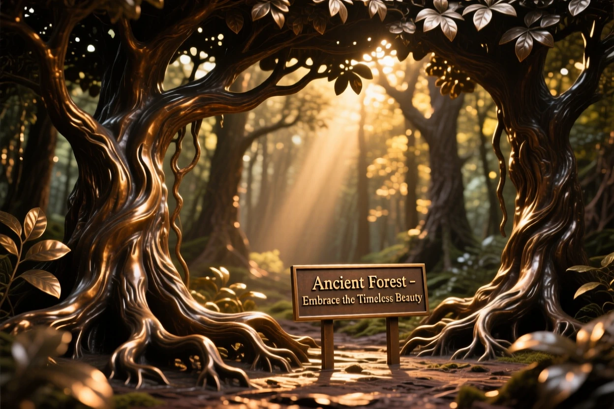 A dense ancient forest with sunlight filtering through the canopy, bathed in the warm hues of golden hour, offering a breathtaking sense of place