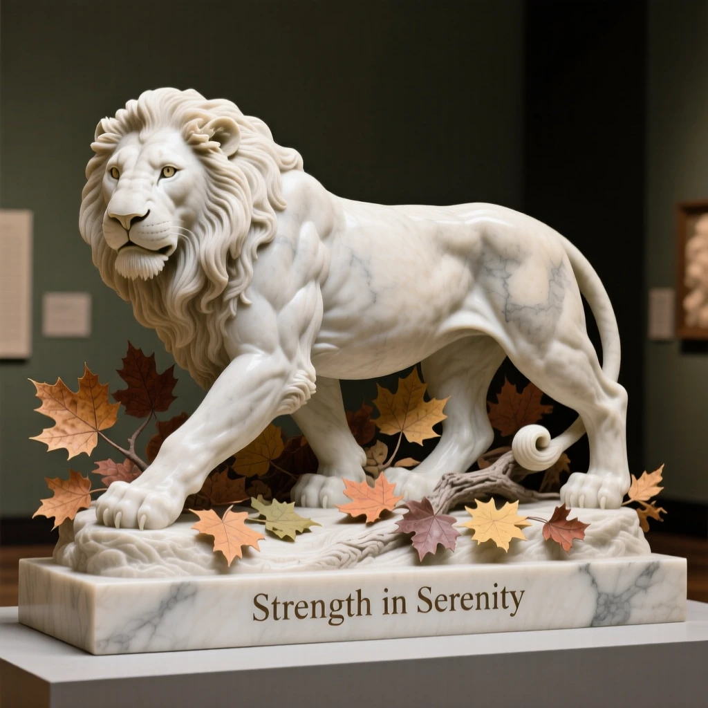 A lioness captured in a powerful, dignified pose surrounded by autumn foliage