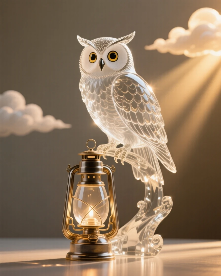 A young wizard's owl companion perched on a lantern at golden hour with warm rays breaking through the clouds, epic scale composition, inspiring a sense of wonder and hope.