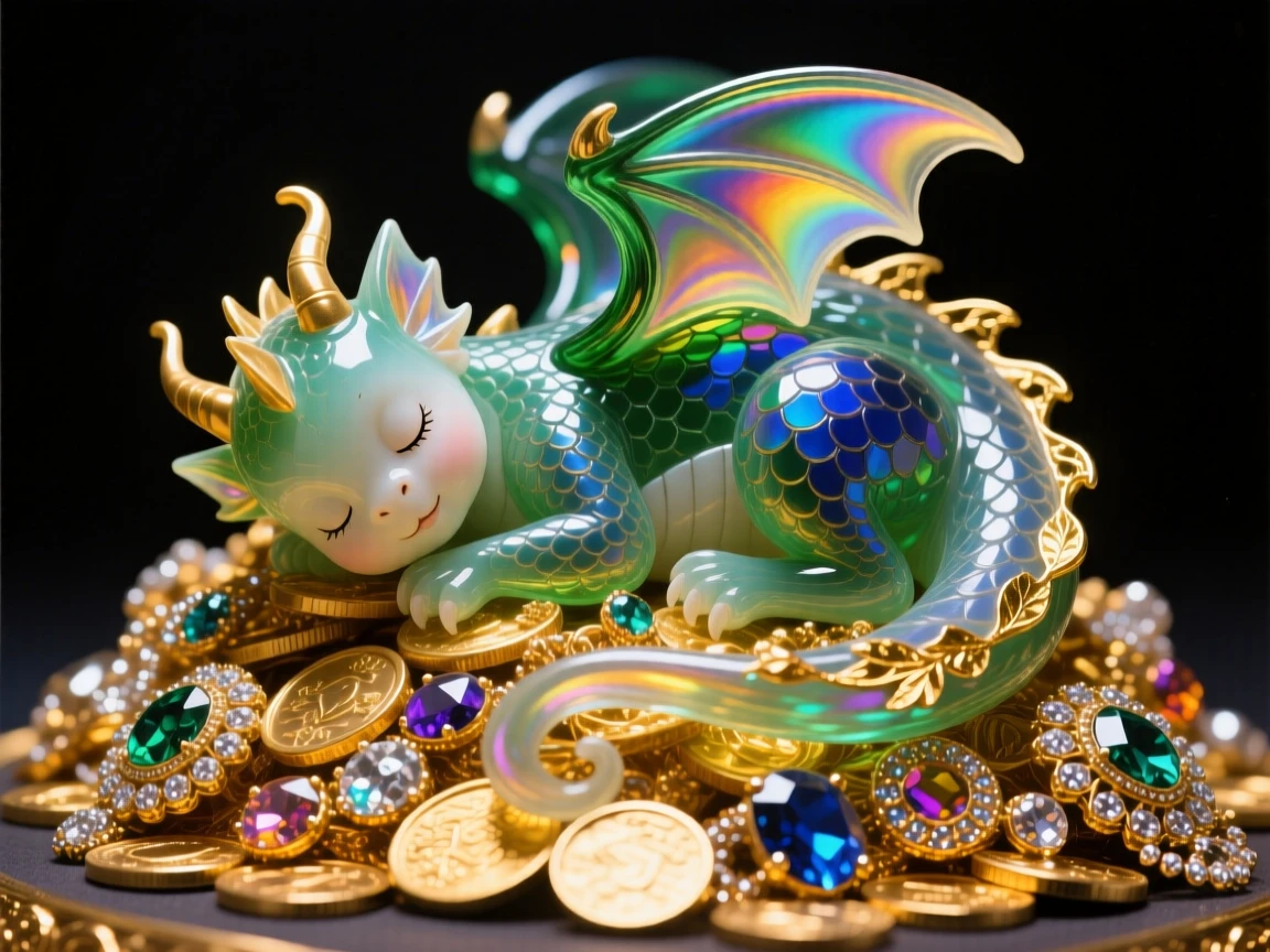 A baby dragon curled asleep atop a pile of glittering treasure, whimsical and endearing.
