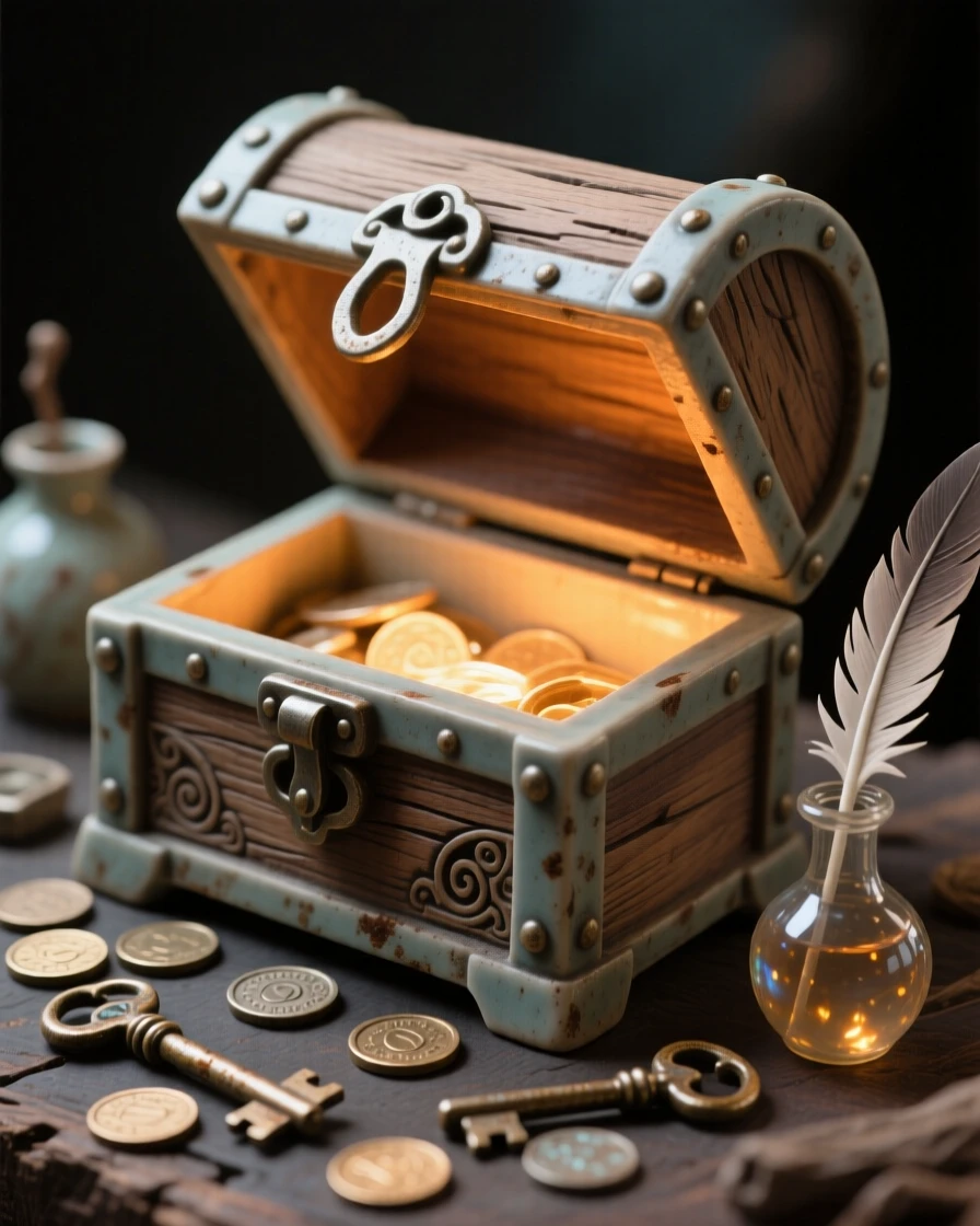 A treasure chest slightly ajar, glowing within posed as if just set down a moment ago, framed by a scattering of small complementary props, capturing beauty in the overlooked and ordinary.