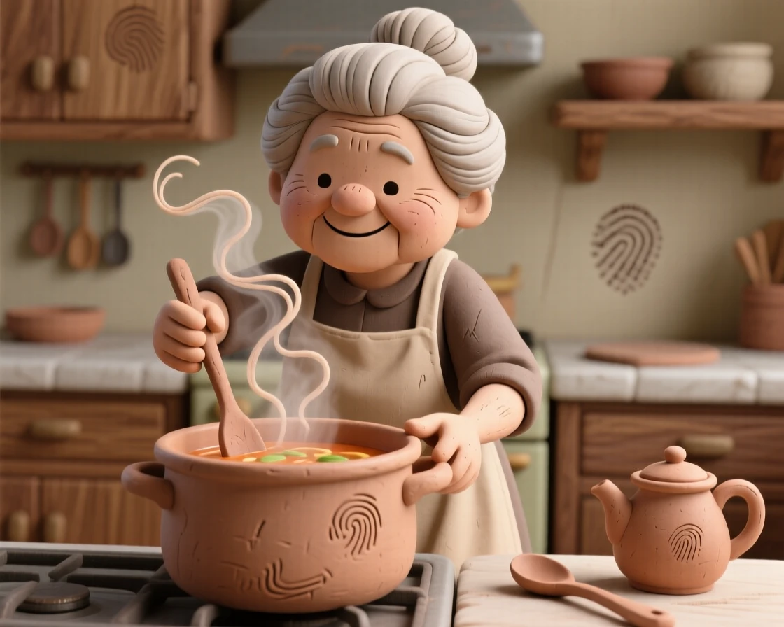 A grandmother stirring a pot of soup, steam rising in the kitchen