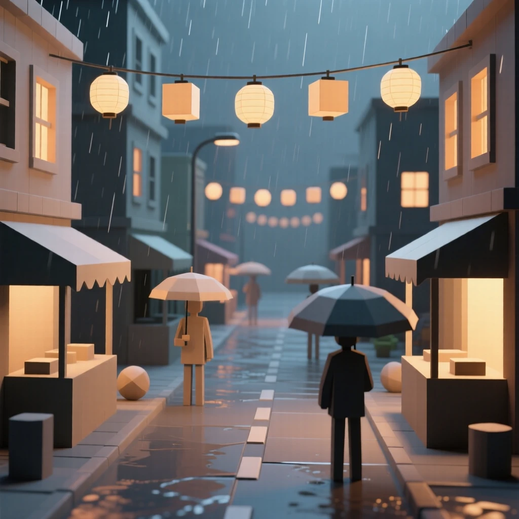 A bustling street market strung with colorful lanterns, under a gentle evening rain. warm window lights add a cozy glow to the scene. There is a warm sense of nostalgia.