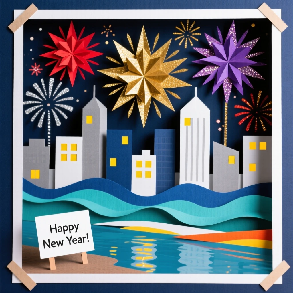 A dazzling fireworks display exploding over a city skyline on New Year's Eve, reflections shimmering on a river below, evoking celebration and new beginnings.