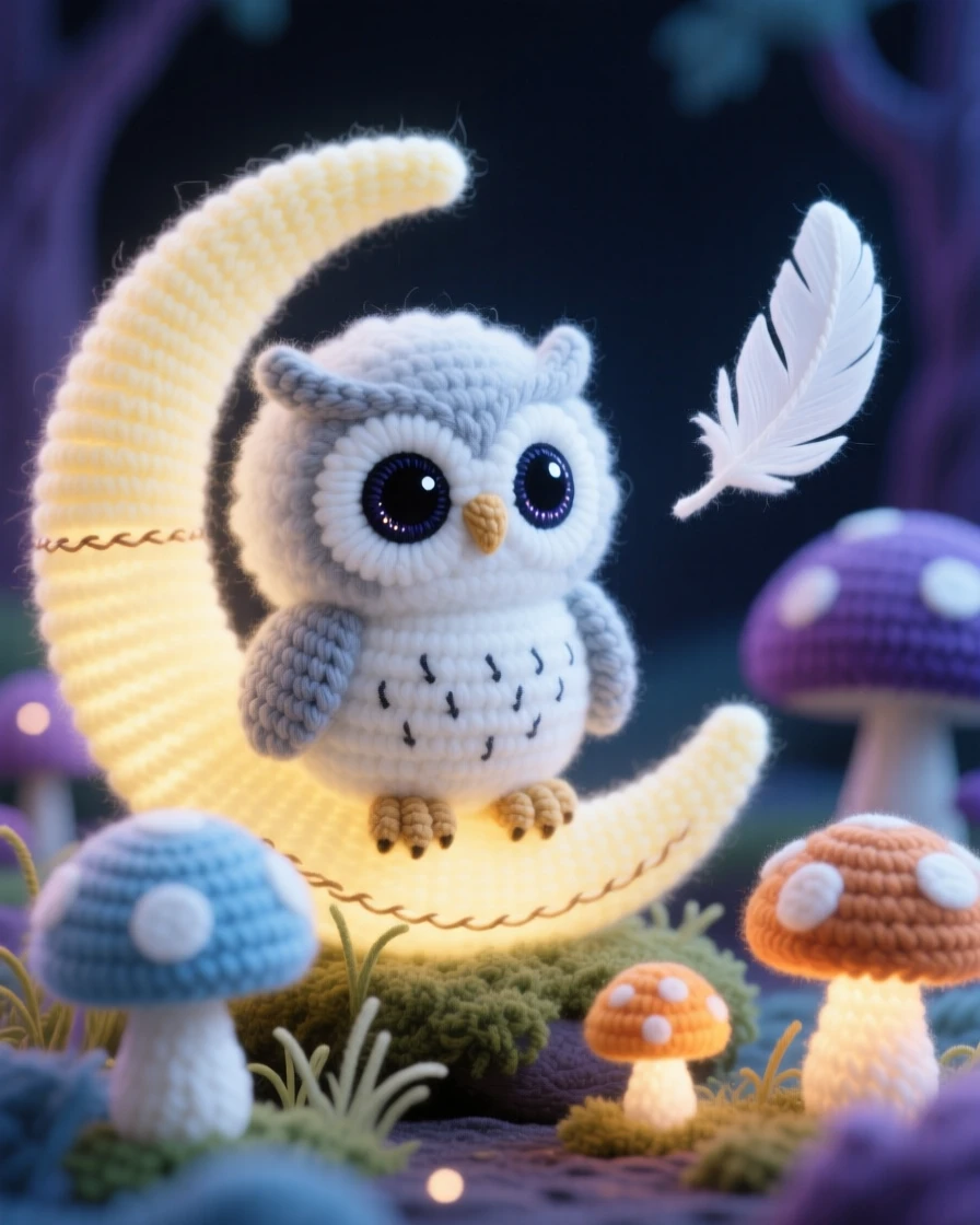 a round baby cloud owl, with soft misty feathers, perched on a crescent moon at twilight, within a glowing mushroom forest at twilight, near a single floating feather catching the light, radiating a sense of gentle magic and quiet wonder.