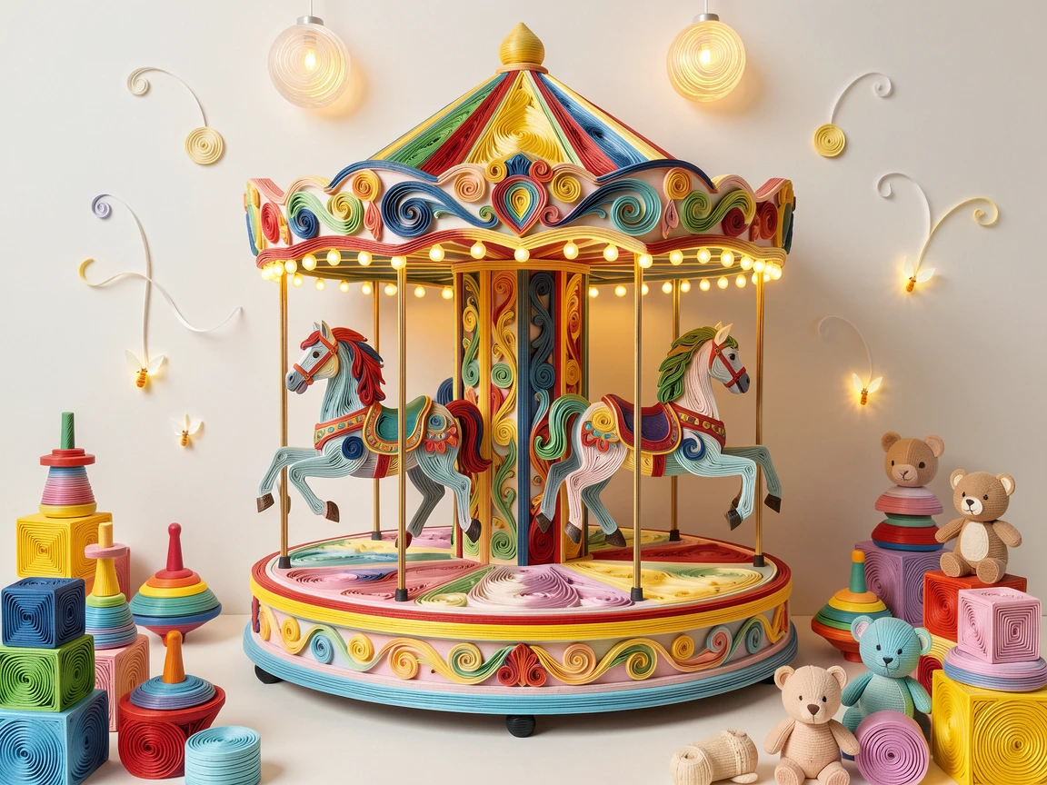 a carousel with painted horses spinning under lights, in a colorful playroom filled with toys, arranged with bright cheerful symmetry, with tiny glowing fireflies scattered about.
