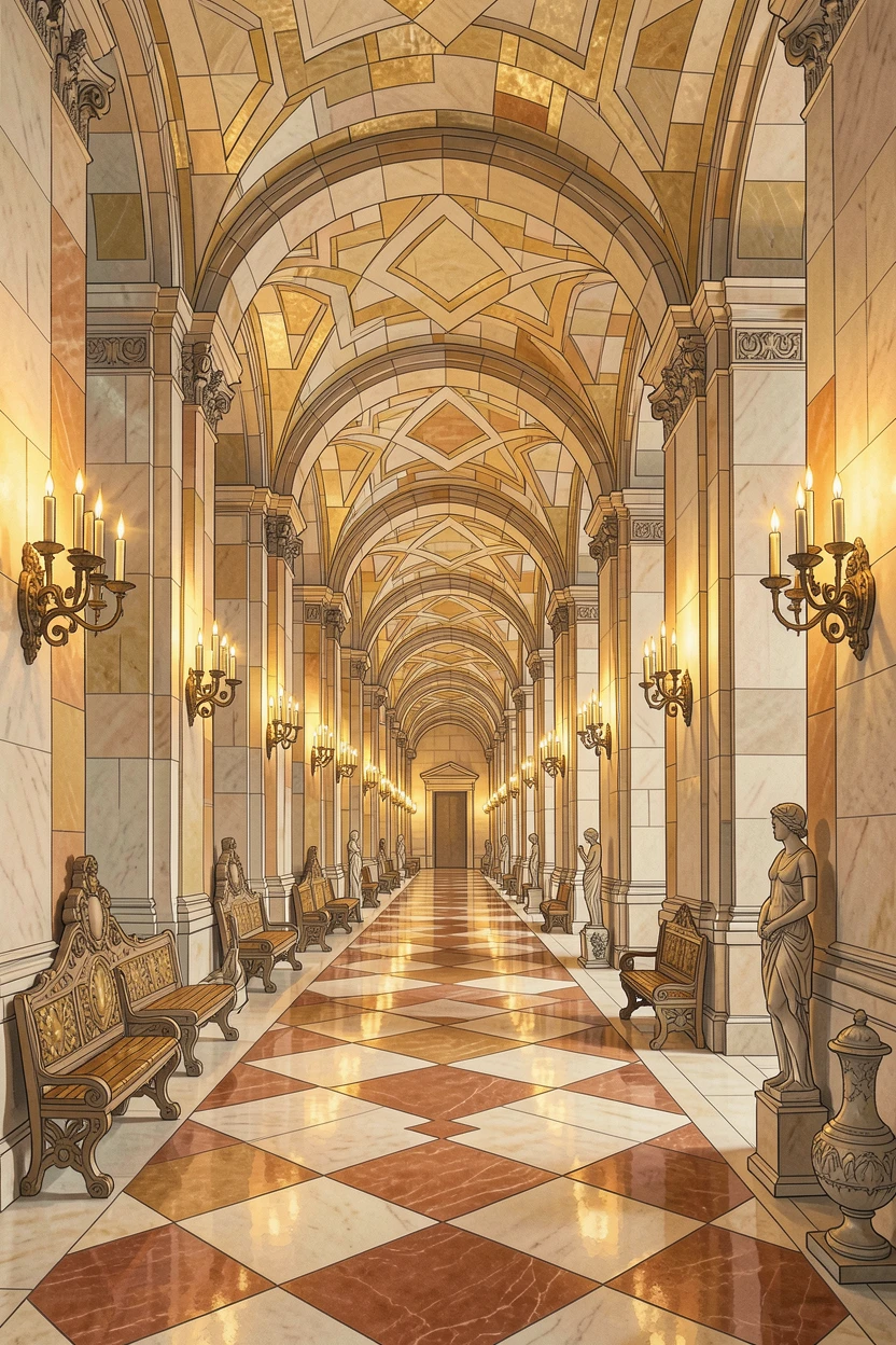 The grand halls of a candlelit European palace.