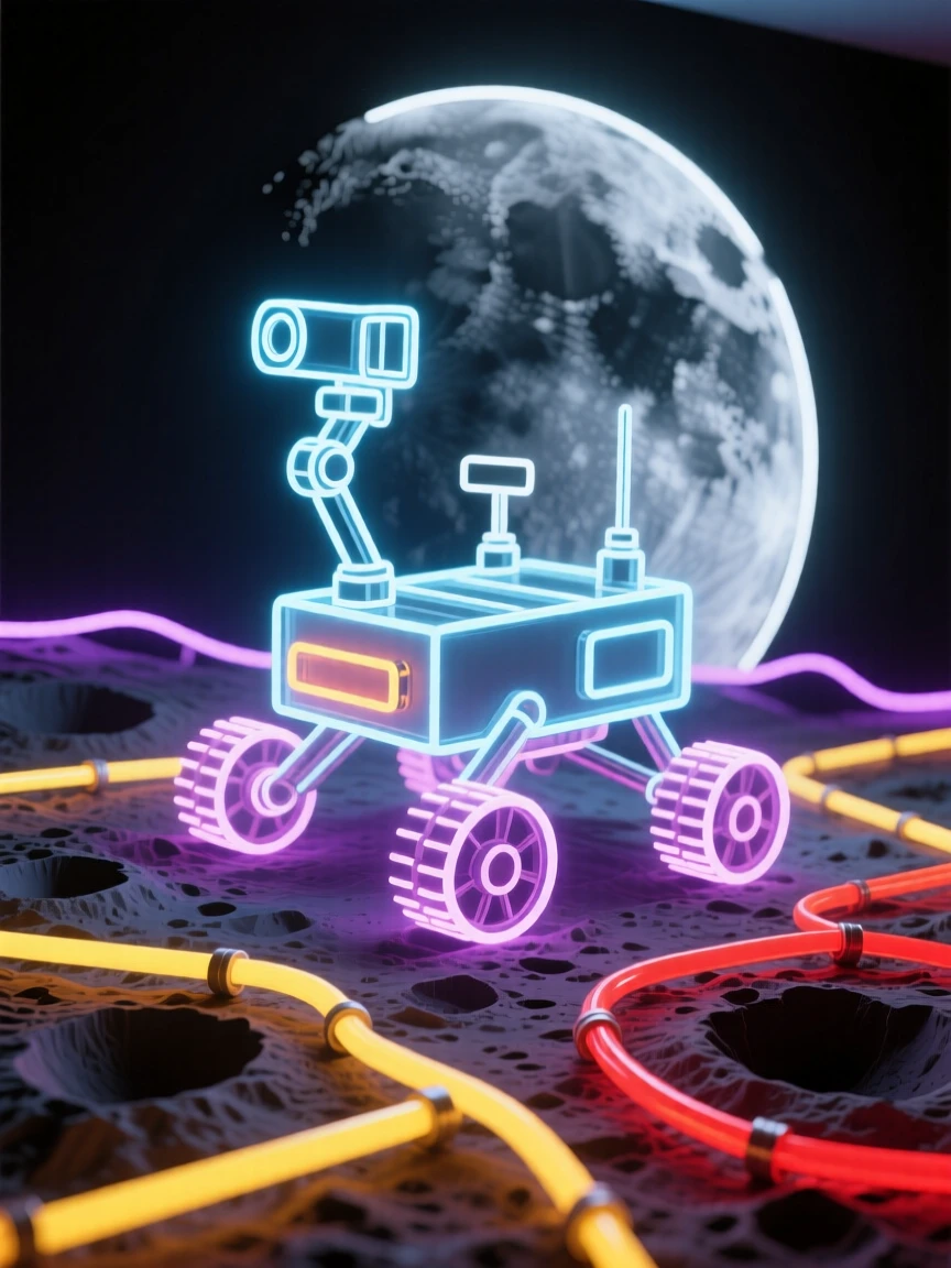 A lunar rover exploring the cratered surface of the moon.
