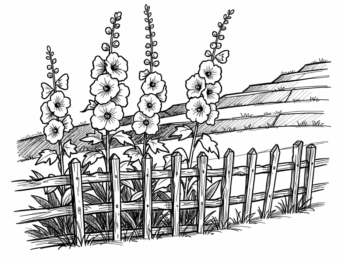 A row of tall hollyhocks by a fence in a terraced hillside garden.