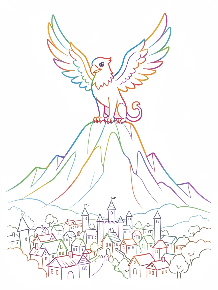 A griffin perched atop a mountain peak overlooking a kingdom below.