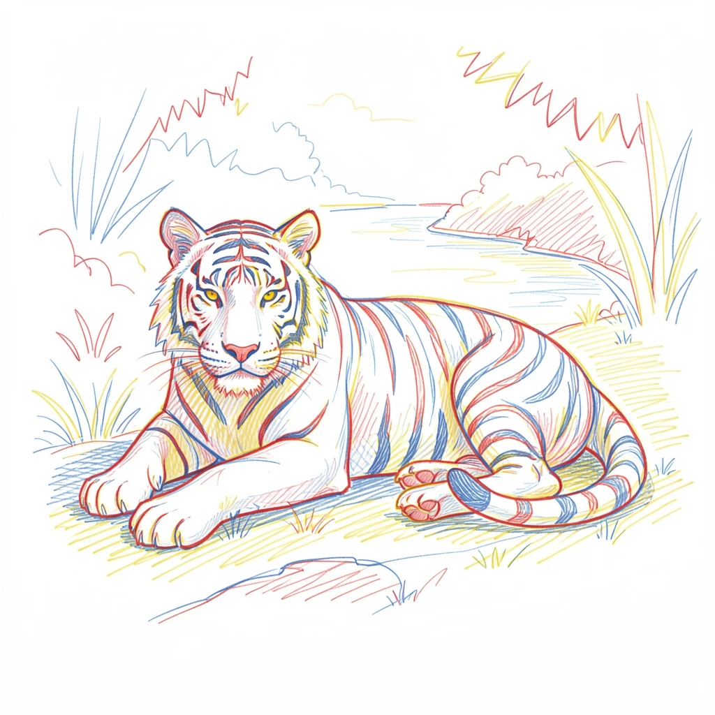A majestic white tiger resting beside a jungle stream