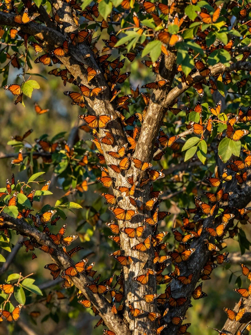 A monarch butterfly migration filling an entire tree