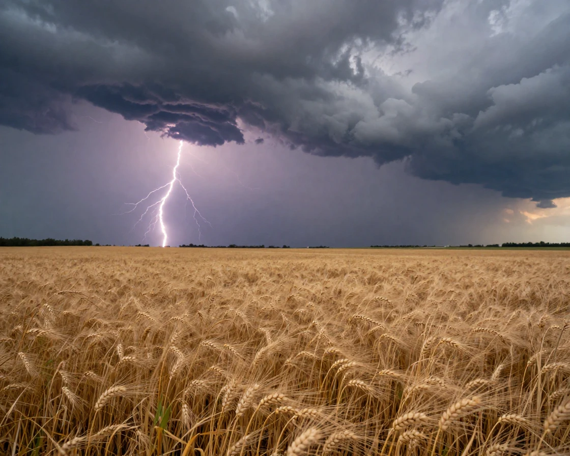 A summer thunderstorm rolls over a wheat field, lightning flashing along the horizon.