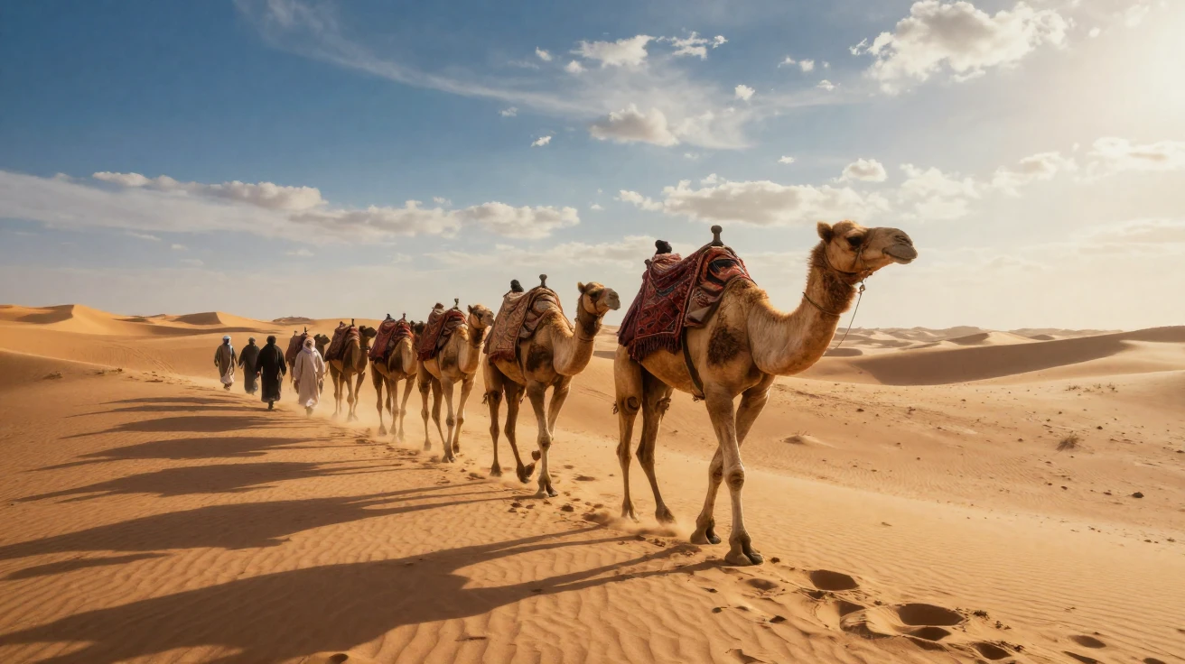 A caravan of camels crossing the Sahara along an ancient silk road route