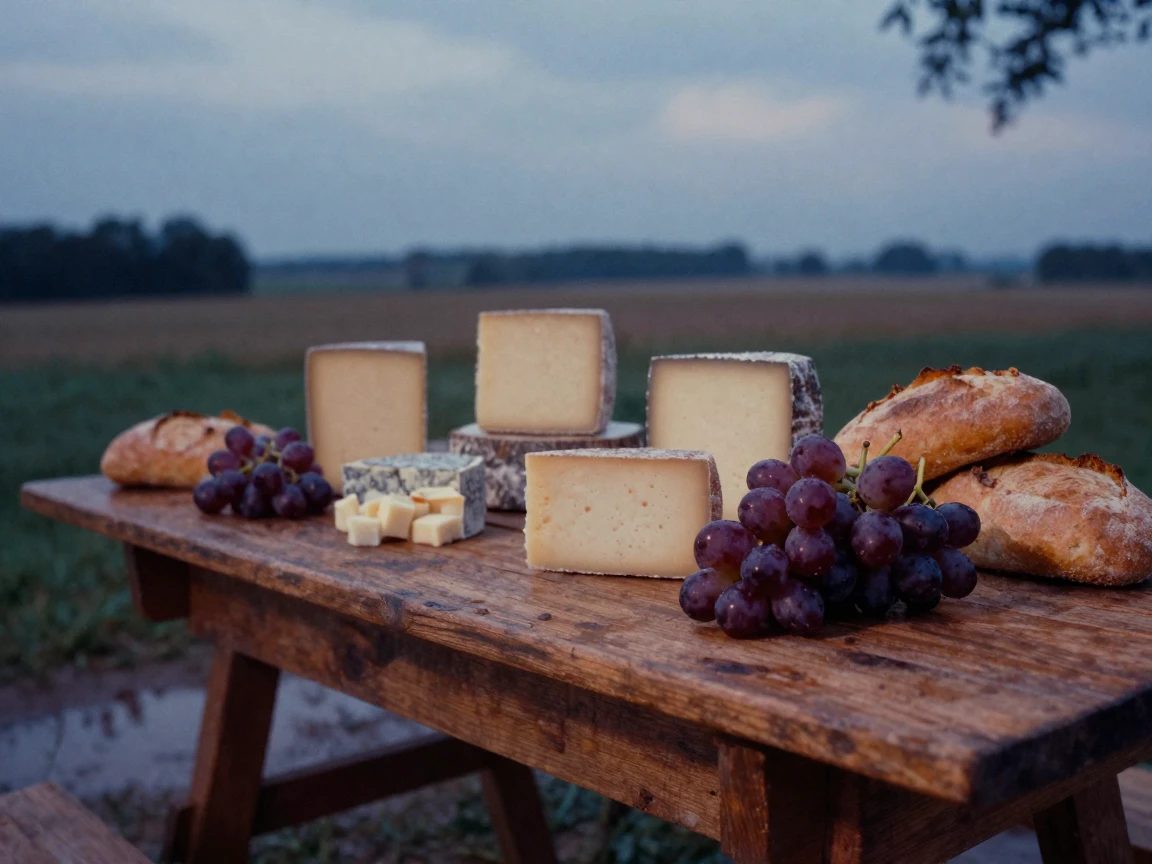 A rustic table spread with cheese, bread, and ripe grapes, in cool blue twilight, just after a rain shower, with puddles reflecting the sky, in the height of summer, in earthy terracotta and ochre shades, at eye level, intimate and direct.