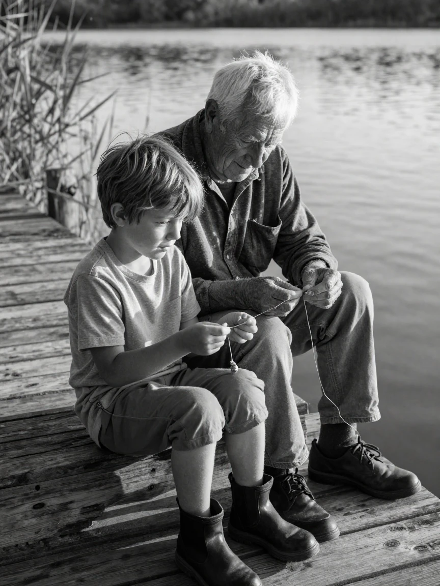 A grandfather teaches his grandson a favorite fishing knot on a weathered wooden dock.