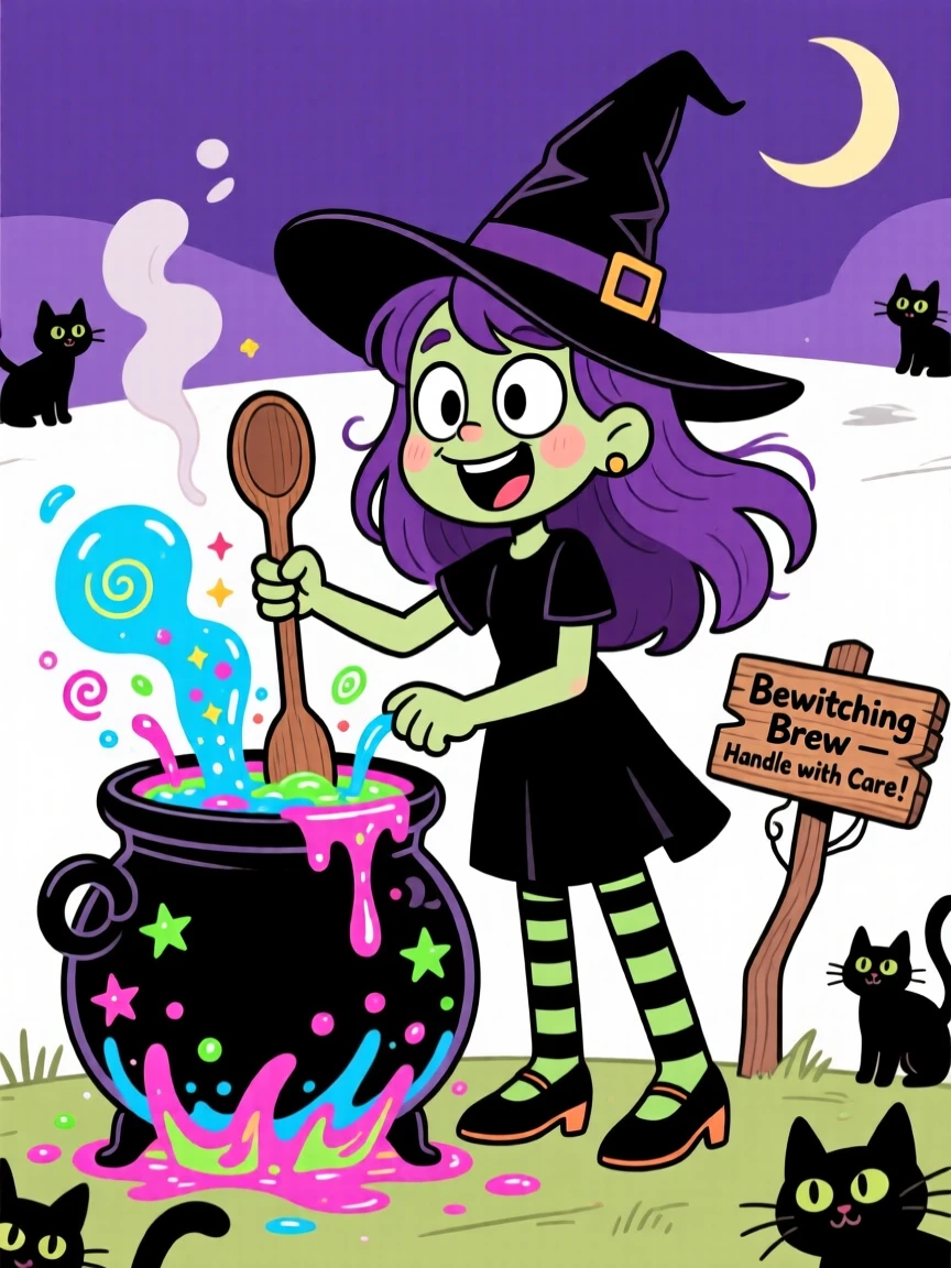 An imaginative fantasy scene of a young witch stirring a bubbling cauldron that overflows with colorful sparkling potion.