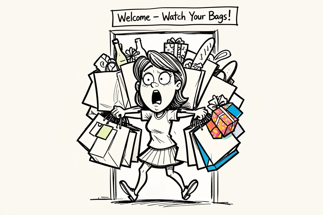 [Funny & Exaggerated Situations] Comical scene of a woman overloaded with shopping bags stumbling through a doorway, exaggerated for maximum laughs