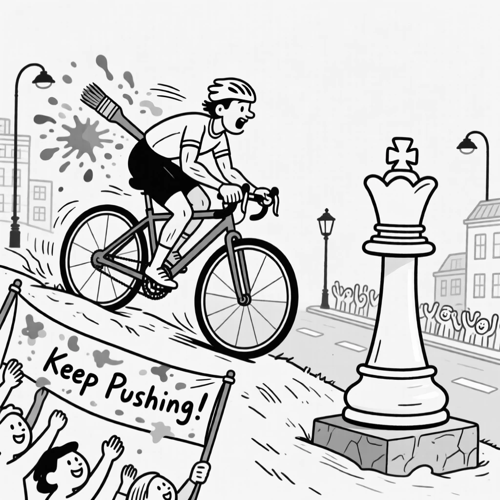 A cyclist pedaling furiously up a steep hill, flinging a paintbrush that splatters across the canvas, set on a city marathon route lined with cheering crowds. A captured chess piece sits triumphantly to the side. The image is a playful ode to hobbies people truly love.
