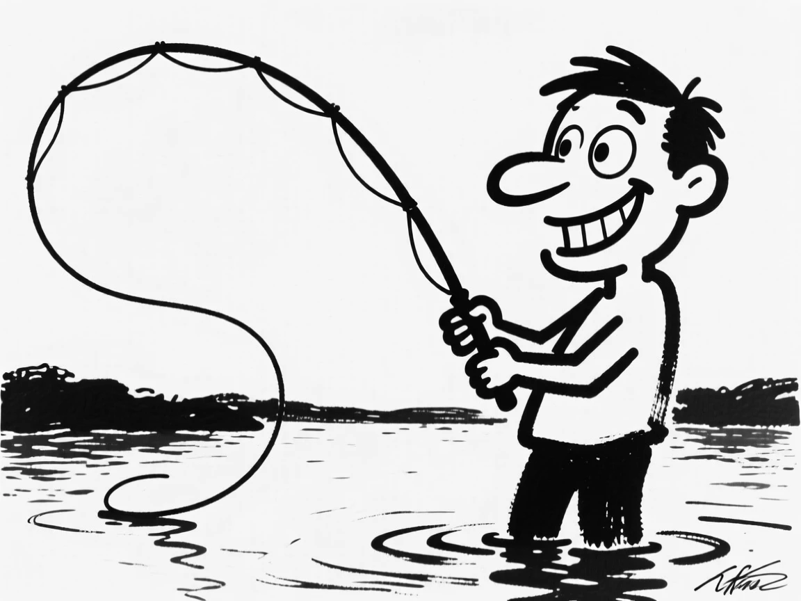 A person fly fishing in a calm river, line arcing gracefully through the air.