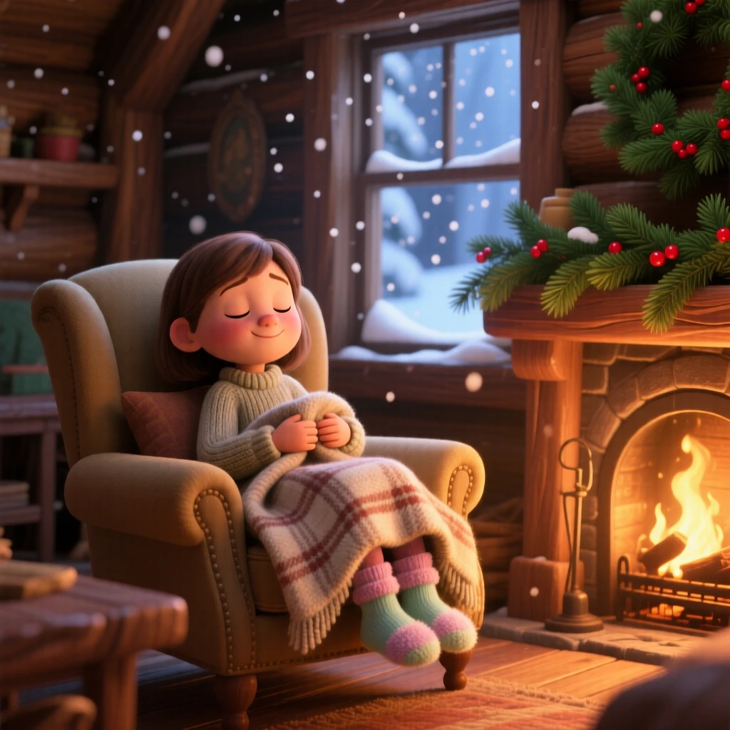 A little girl in fuzzy socks sits inside a cabin during a snowstorm, tucking a wool blanket over their knees. The atmosphere is warm, unhurried, and peaceful, with pine branches decorating the mantel.