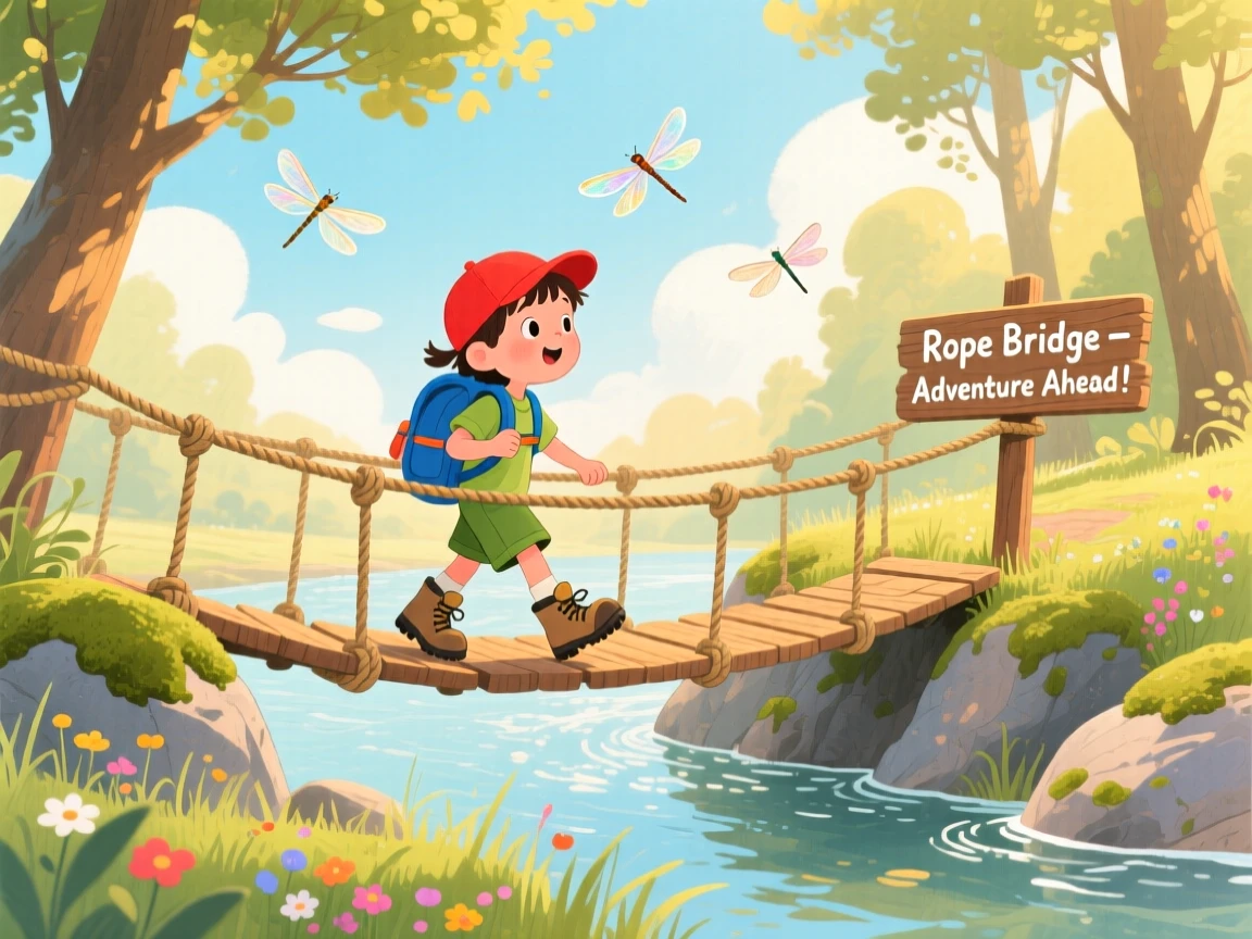 A curious camper spends the day crossing a rope bridge over a gentle ravine through a sunlit riverbank, while dragonflies dart above the water.