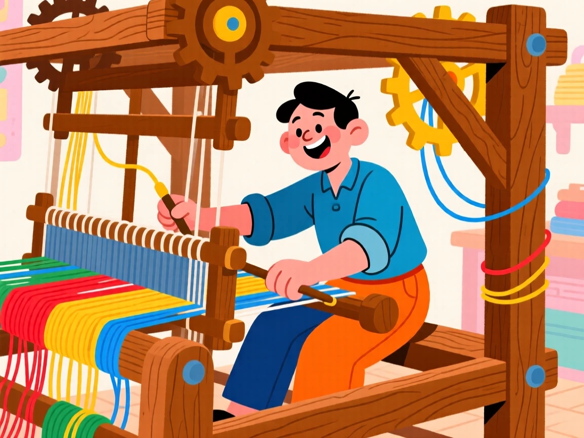 A weaver working at a large wooden loom.