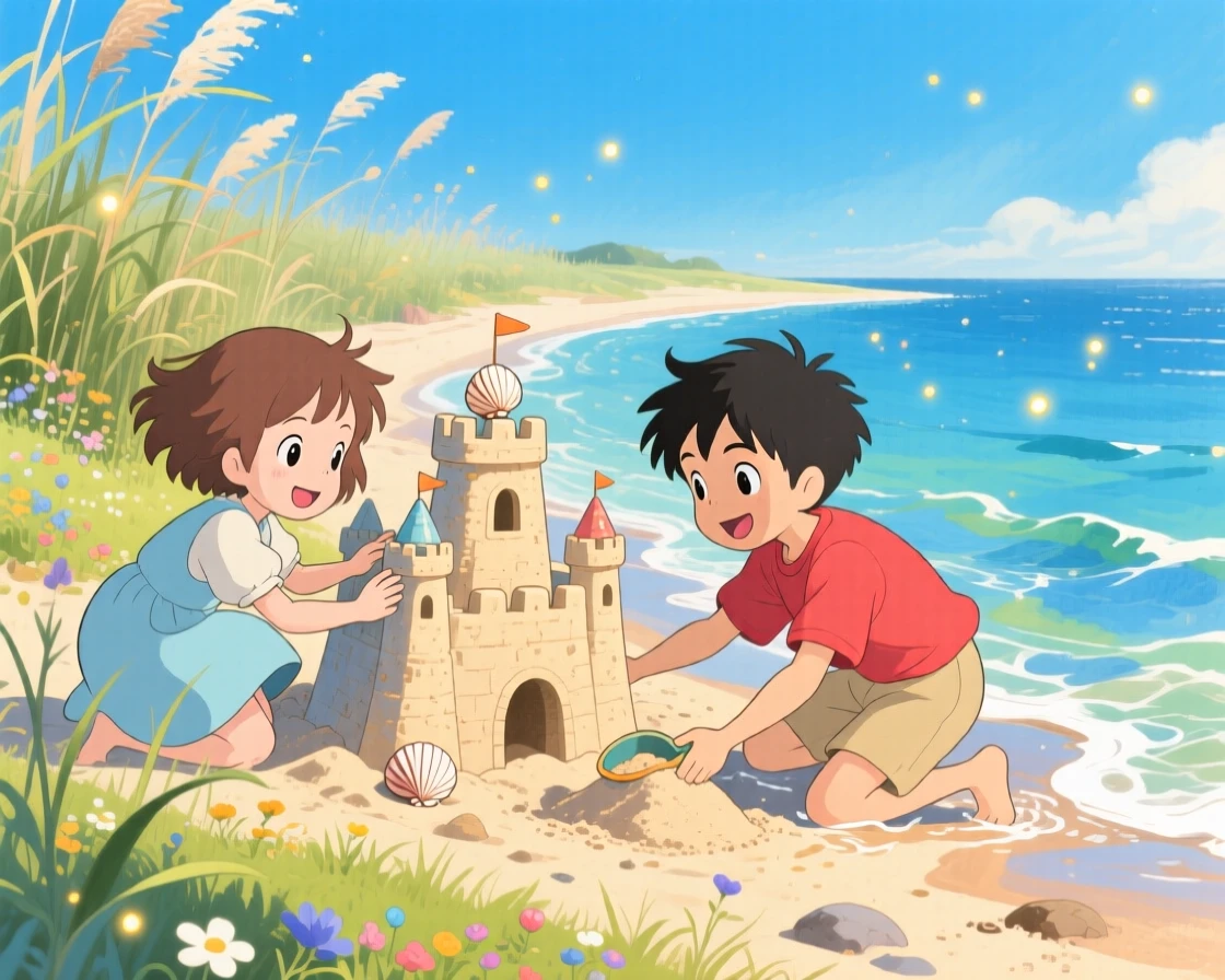 Two kids building a sandcastle at the water's edge, the moment carefree and joyful.
