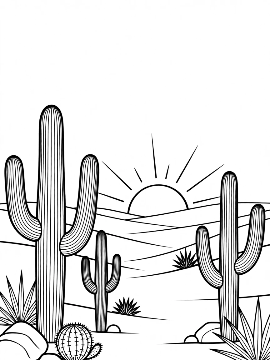 A desert landscape with tall cacti and a setting sun