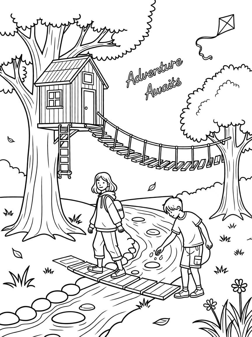 A treehouse fort connected by a rope bridge, with a small wooden bridge crossing a stream nearby.