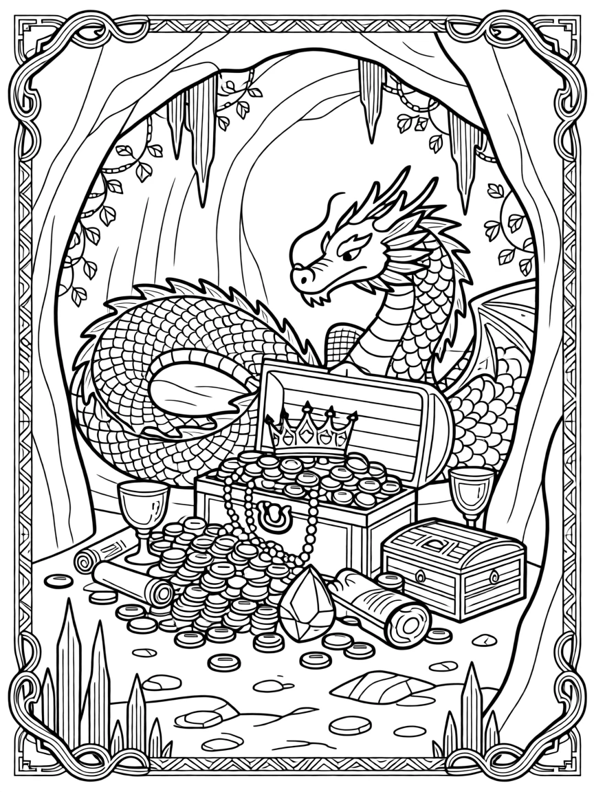 A dragon's hoard of treasure glittering inside a cave.