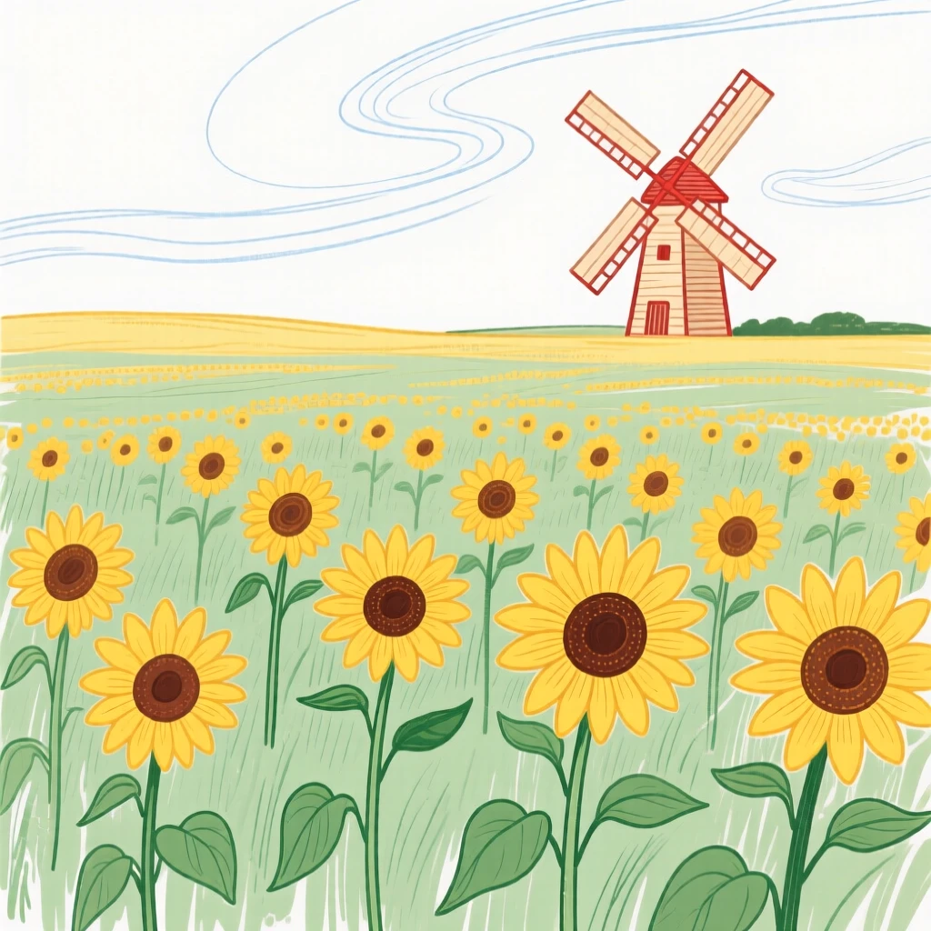 A field of sunflowers stretching toward a distant windmill.