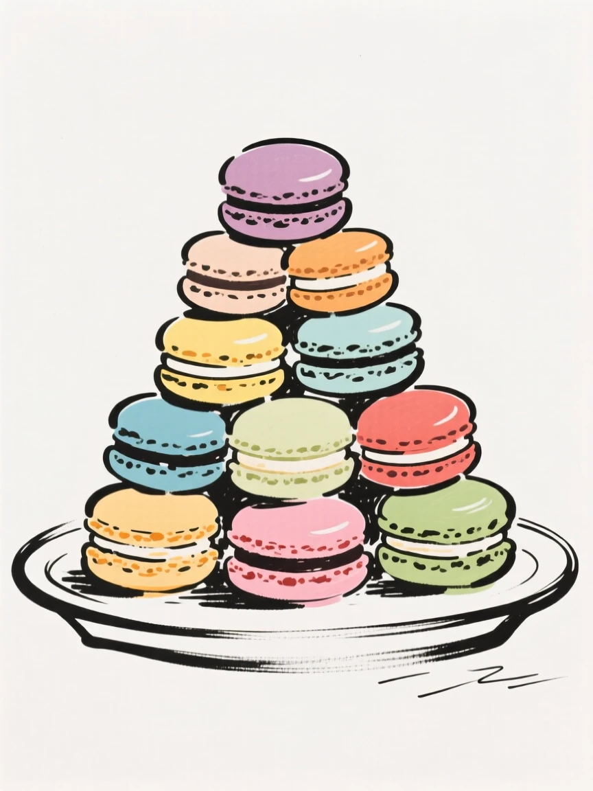 A tray of colorful macaron cookies stacked in a pyramid.