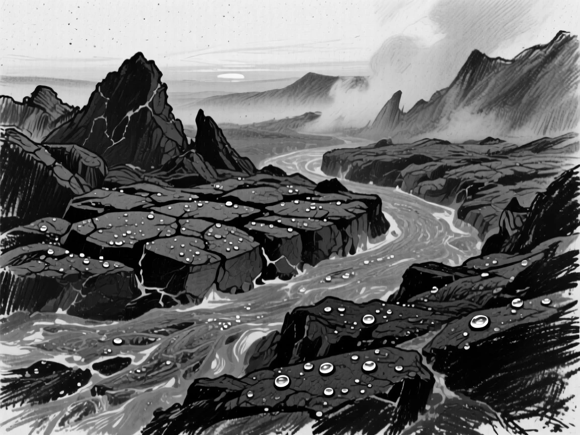 A glowing lava field as morning dew glistens on every surface.