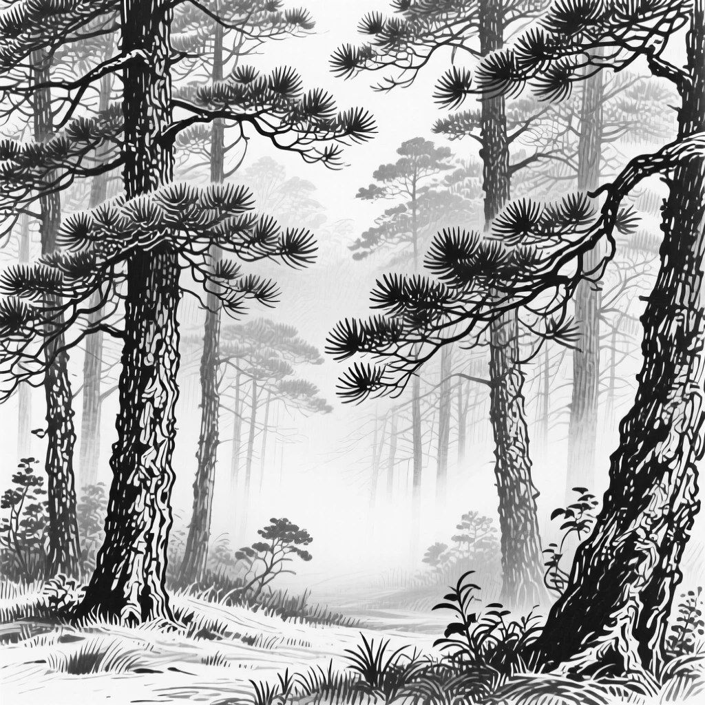A dense pine forest shrouded in early morning mist.