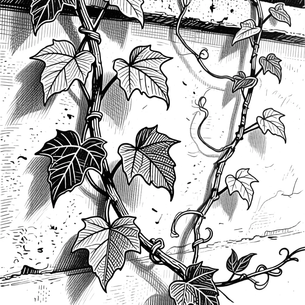 A trailing ivy vine growing wild along a garden wall, with delicate veins visible in each leaf, composed in a gentle and fleeting still-life arrangement.