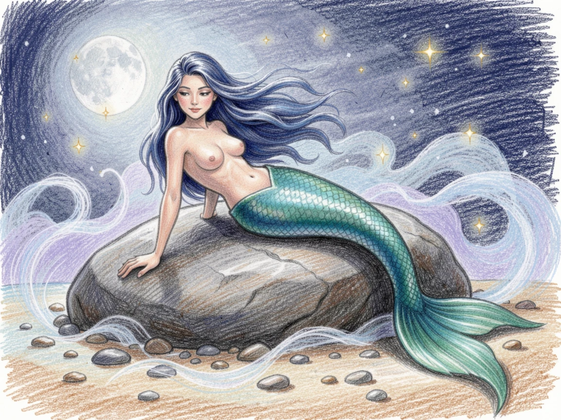 A mermaid resting on a moonlit rock along a magical shoreline, surrounded by swirling mist and drifting sparkles of light, capturing a sense of adventure and quiet magic.