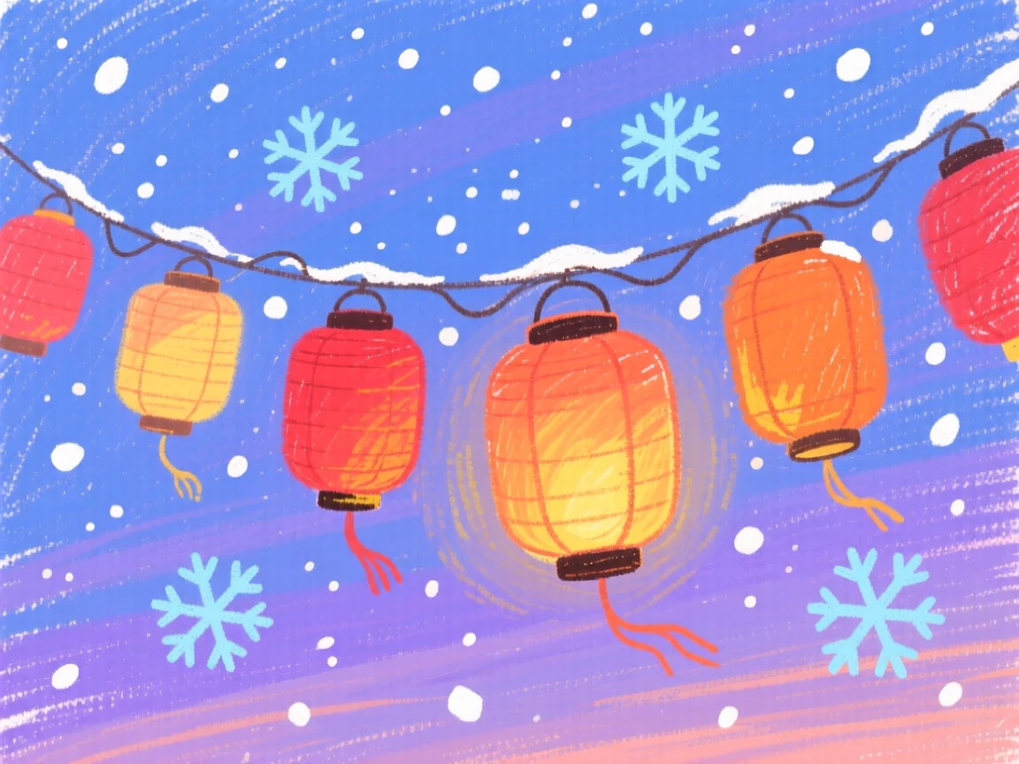 A string of paper lanterns surrounded by falling snow at dusk.