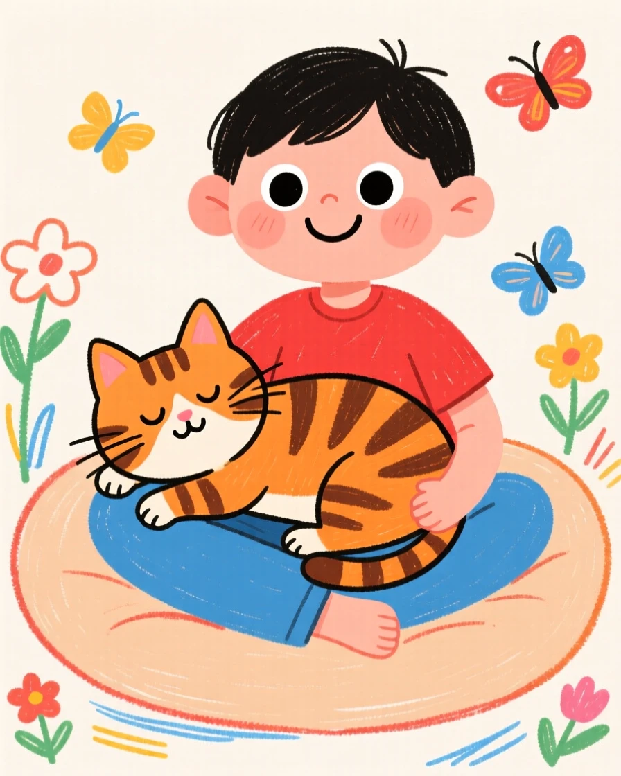 A playful tabby cat resting its head on a child's lap.